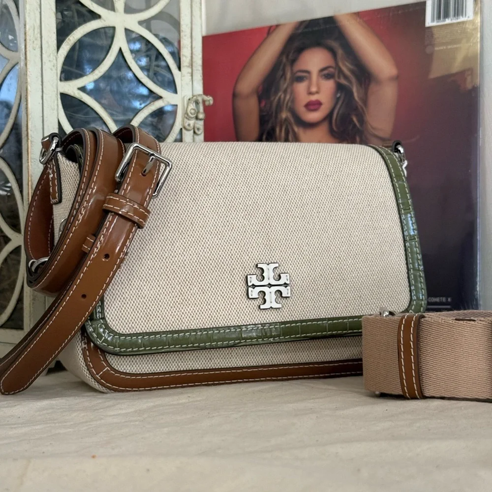 New Tory Burch Thea web flap shoulder bag/crossbody in canvas cream leather trim